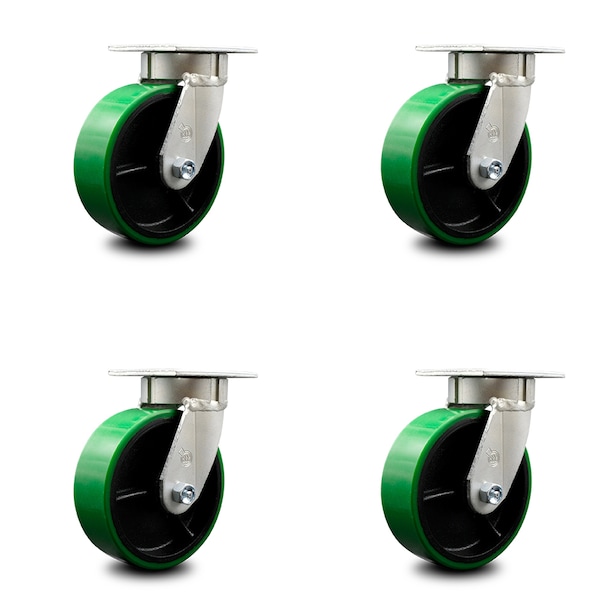 6 Inch Kingpinless Green Poly on Steel Wheel Swivel Top Plate Caster, 4PK